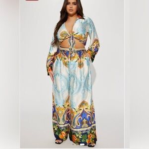 Fashion Nova Vibrant Blue and Orange Satin Pants Set